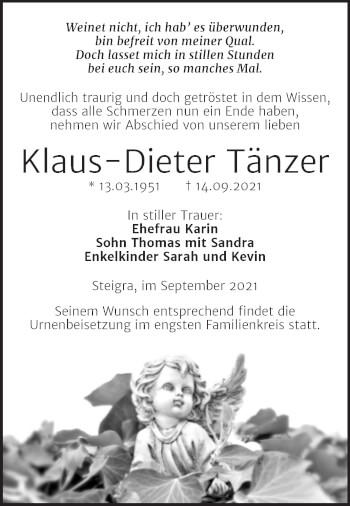 Traueranzeige von Klaus-Dieter Tänzer von Naumburger Tageblatt