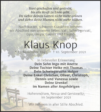 Traueranzeige von Klaus Knop von Trauerkombi Weißenfels