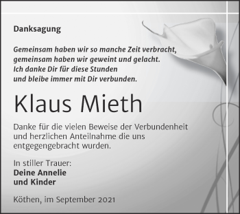 Traueranzeige von Klaus Mieth von Trauerkombi Köthen