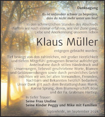 Traueranzeige von Klaus Müller von Trauerkombi Quedlinburg
