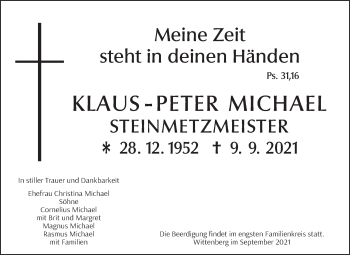 Traueranzeige von Klaus-Peter Michael von Trauerkombi Wittenberg