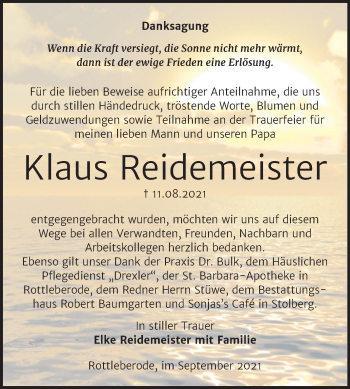 Traueranzeige von Klaus Reidemeister von Trauerkombi Sangerhausen