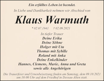 Traueranzeige von Klaus Warmuth von Trauerkombi Dessau