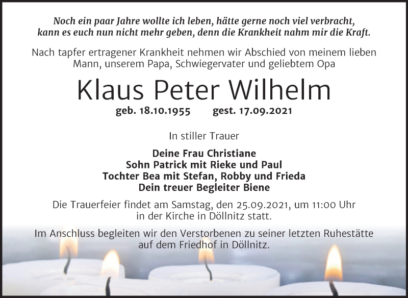  Traueranzeige für Klaus Peter Wilhelm vom 22.09.2021 aus Mitteldeutsche Zeitung Merseburg/Querfurt