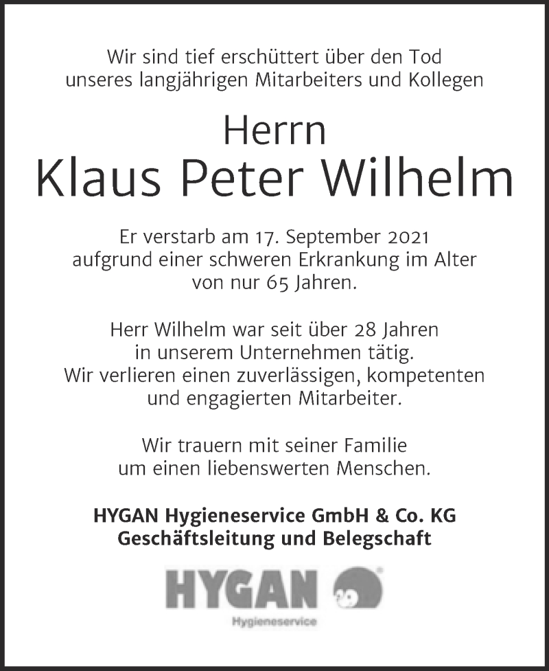  Traueranzeige für Klaus Peter Wilhelm vom 25.09.2021 aus Mitteldeutsche Zeitung Merseburg/Querfurt