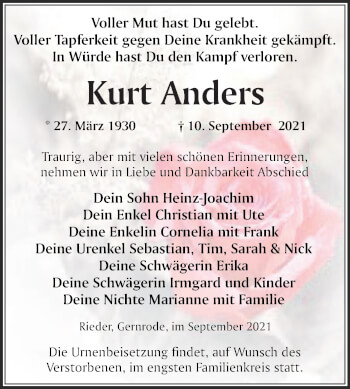 Traueranzeige von Kurt Anders von Trauerkombi Quedlinburg
