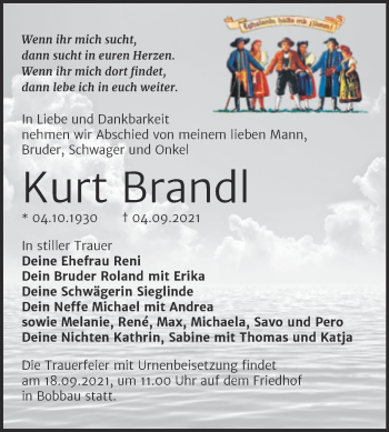 Traueranzeige von Kurt Brandl von Trauerkombi Bitterfeld