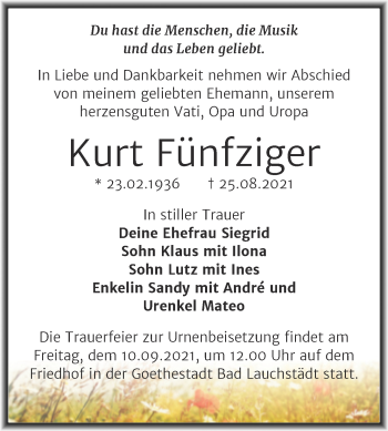 Traueranzeige von Kurt Fünfziger von Trauerkombi Merseburg
