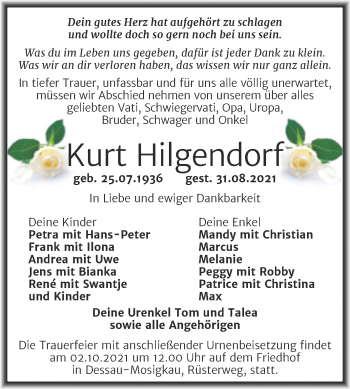 Traueranzeige von Kurt Hilgendorf von Trauerkombi Dessau