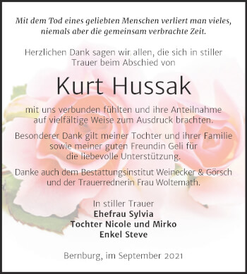 Traueranzeige von Kurt Hussak von Trauerkombi Bernburg