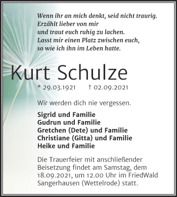 Traueranzeige von Kurt Schulze von Trauerkombi Sangerhausen