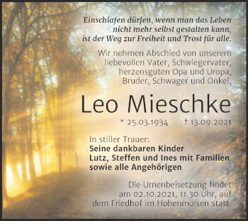 Traueranzeige von Leo Mieschke von Trauerkombi Weißenfels