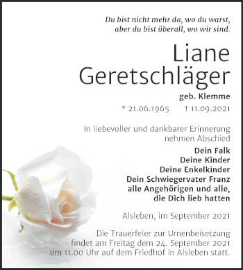 Traueranzeige von Liane Geretschläger von Trauerkombi Bernburg