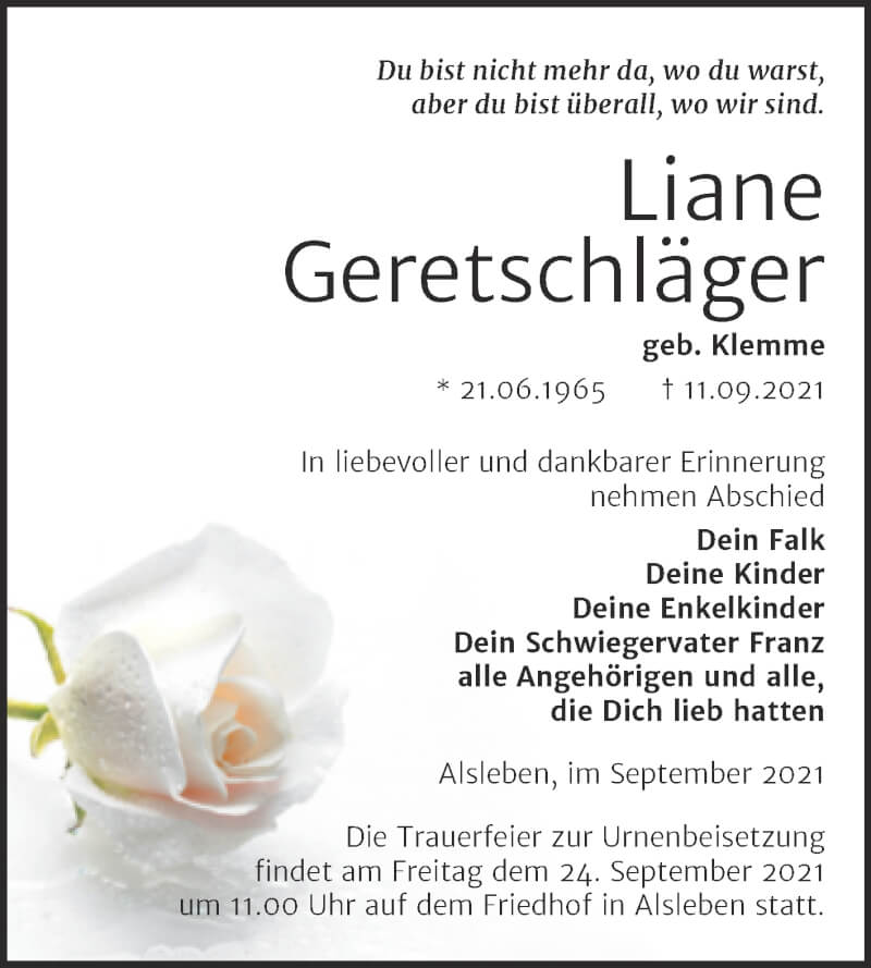 Traueranzeige für Liane Geretschläger vom 17.09.2021 aus Trauerkombi Bernburg