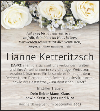 Traueranzeige von Lianne Ketteritzsch von Trauerkombi Weißenfels