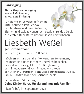 Traueranzeige von Liesbeth Weßel von Trauerkombi Köthen