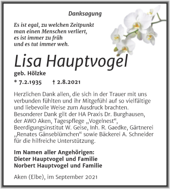 Traueranzeige von Lisa Hauptvogel von Trauerkombi Köthen