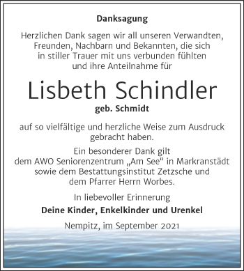 Traueranzeige von Lisbeth Schindler von Trauerkombi Merseburg