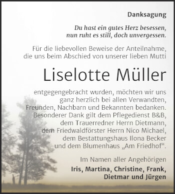Traueranzeige von Liselotte Müller von Trauerkombi Sangerhausen