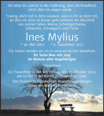 Traueranzeige von lnes Mylius von Naumburger Tageblatt