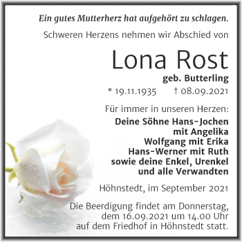 Traueranzeige von Lona Rost von Mitteldeutsche Zeitung Halle/Saalkreis