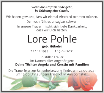 Traueranzeige von Lore Pohle von Trauerkombi Mansfelder Land