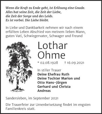 Traueranzeige von Lothar Ohme von Trauerkombi Mansfelder Land