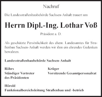 Traueranzeige von Lothar Voß von Mitteldeutsche Zeitung Halle/Saalkreis