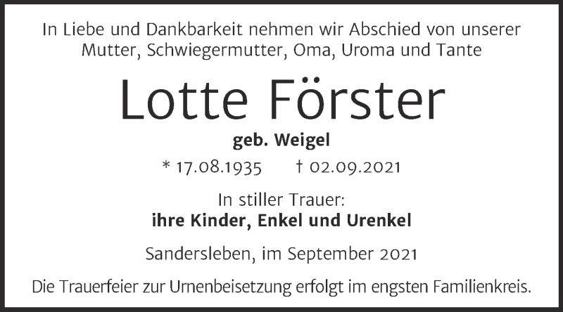  Traueranzeige für Lotte Förster vom 10.09.2021 aus Trauerkombi Mansfelder Land