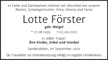 Traueranzeige von Lotte Förster von Trauerkombi Mansfelder Land