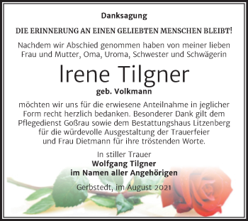 Traueranzeige von lrene Tilgner von Trauerkombi Mansfelder Land