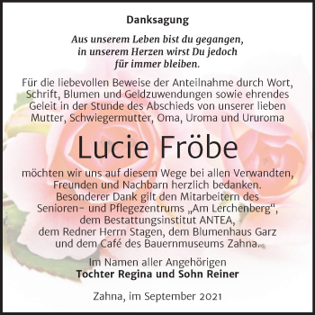 Traueranzeige von Lucie Fröbe von Trauerkombi Wittenberg