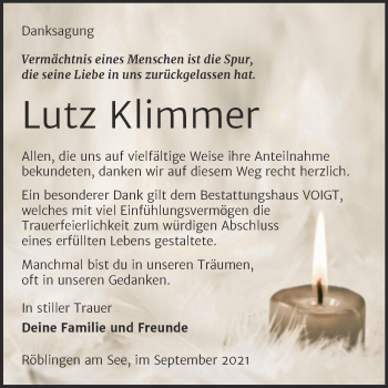 Traueranzeige von Lutz Klimmer von Trauerkombi Mansfelder Land