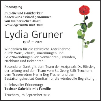 Traueranzeige von Lydia Gruner von Trauerkombi Weißenfels