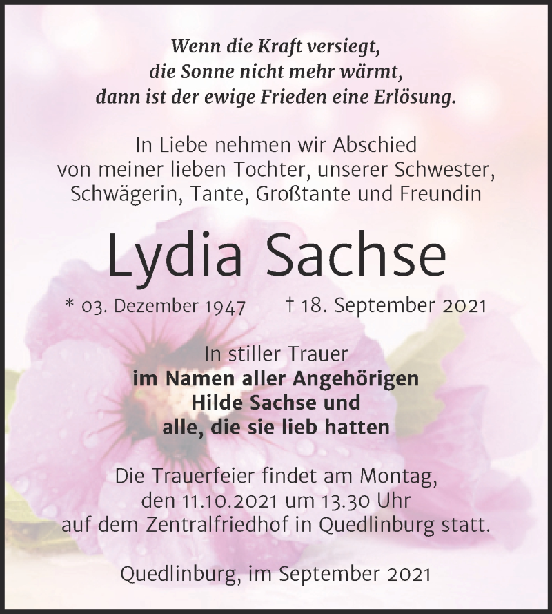  Traueranzeige für Lydia Sachse vom 25.09.2021 aus Trauerkombi Quedlinburg