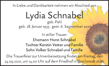 Traueranzeige von Lydia Schnabel von Mitteldeutsche Zeitung Halle/Saalkreis