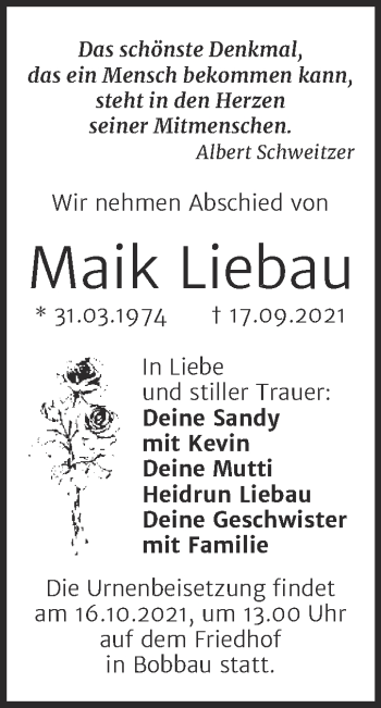 Traueranzeige von Maik Liebau von Trauerkombi Bitterfeld