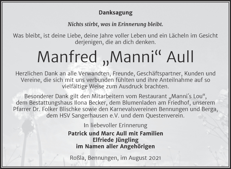  Traueranzeige für Manfred Aull vom 04.09.2021 aus Trauerkombi Sangerhausen