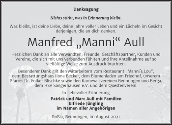 Traueranzeige von Manfred Aull von Trauerkombi Sangerhausen