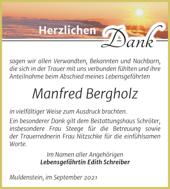 Traueranzeige von Manfred Bergholz von Trauerkombi Bitterfeld