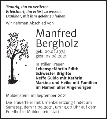 Traueranzeige von Manfred Bergholz von Trauerkombi Bitterfeld