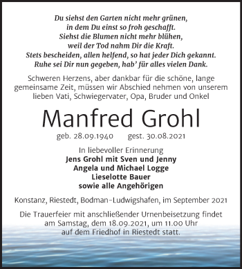 Traueranzeige von Manfred Grohl von Trauerkombi Sangerhausen