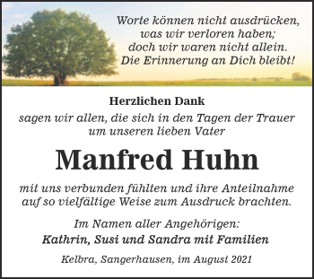 Traueranzeige von Manfred Huhn von Trauerkombi Sangerhausen