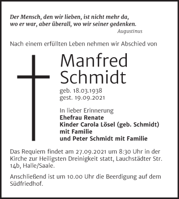 Traueranzeige von Manfred Schmidt von Mitteldeutsche Zeitung Halle/Saalkreis