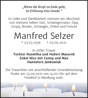 Traueranzeige von Manfred Selzer von Trauerkombi Bernburg