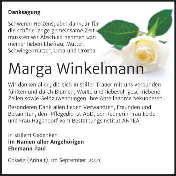 Traueranzeige von Marga Winkelmann von Trauerkombi Wittenberg