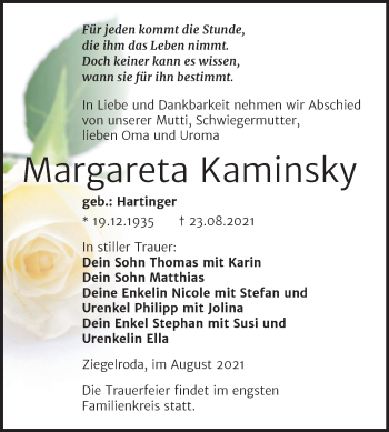 Traueranzeige von Margareta Kaminsky von Trauerkombi Merseburg