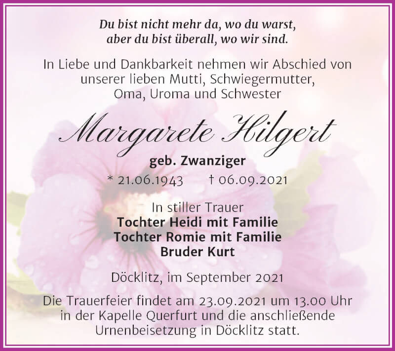  Traueranzeige für Margarete Hilgert vom 18.09.2021 aus Trauerkombi Merseburg