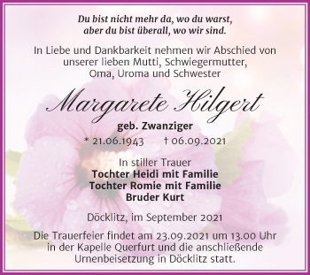 Traueranzeige von Margarete Hilgert von Trauerkombi Merseburg