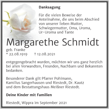 Traueranzeige von Margarethe Schmidt von Trauerkombi Sangerhausen